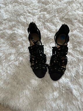 BCBGeneration Black Laser-Cut Strappy High Heel Sandals